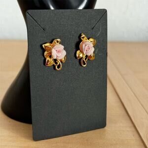 Avon Vintage 1990s 3D Pink Ceramic Rose Gold Tone Stud Earrings Womens Jewelry
